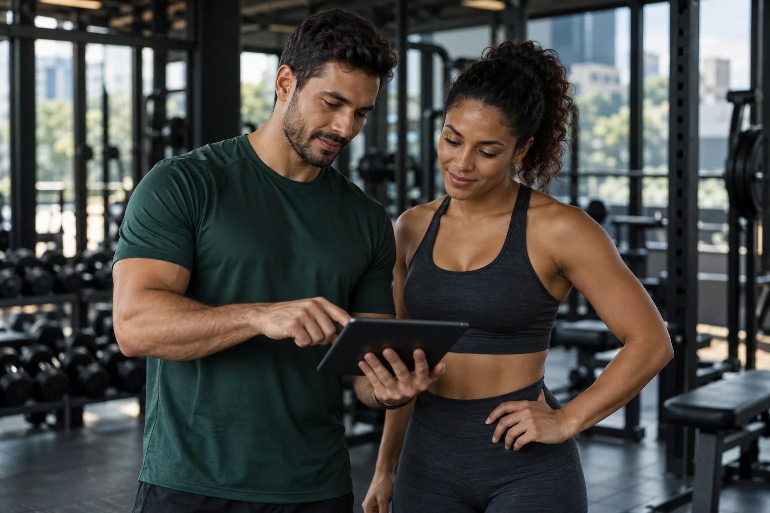 Personal trainer acompanhando o planejamento de uma aluna