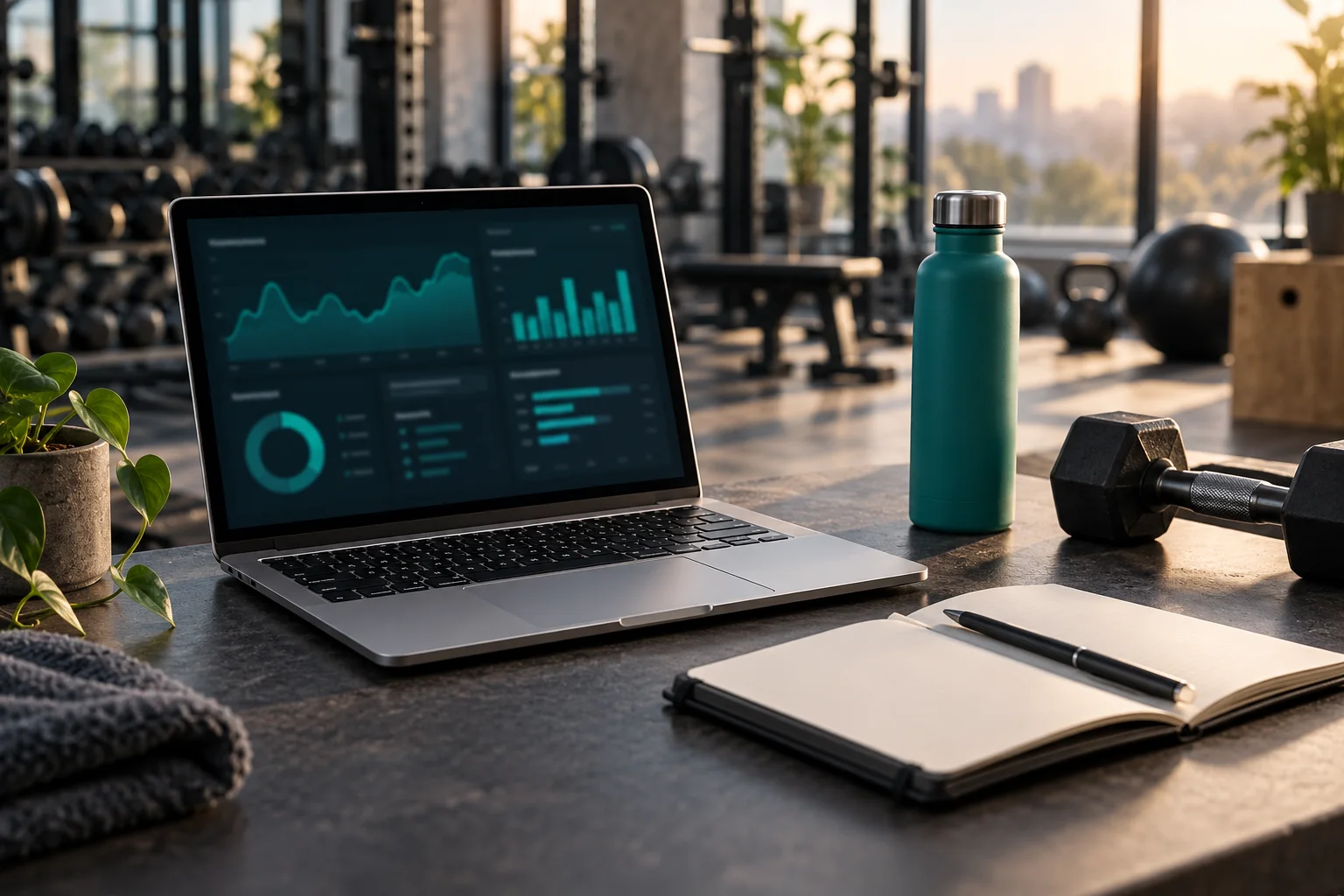Ambiente de trabalho do personal trainer com planejamento e tecnologia