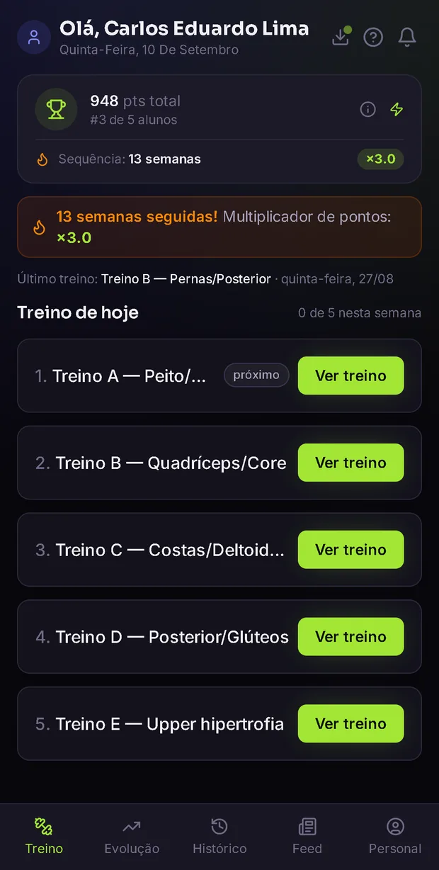 App do aluno do CoachPilot aberto no celular